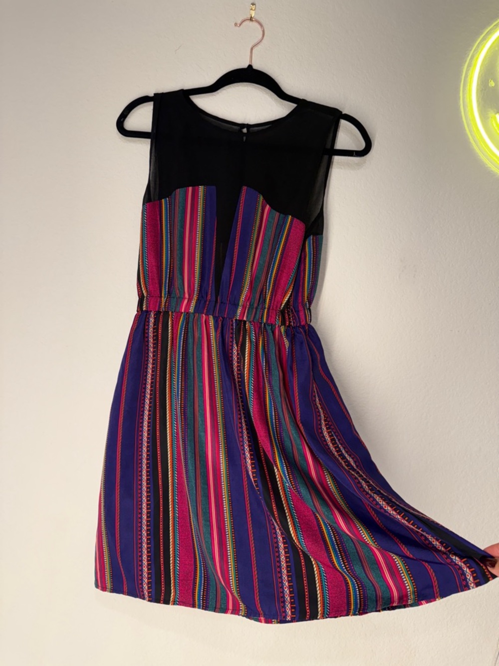 Sleeveless Multicolor Striped Mini Dress with Black Yoke